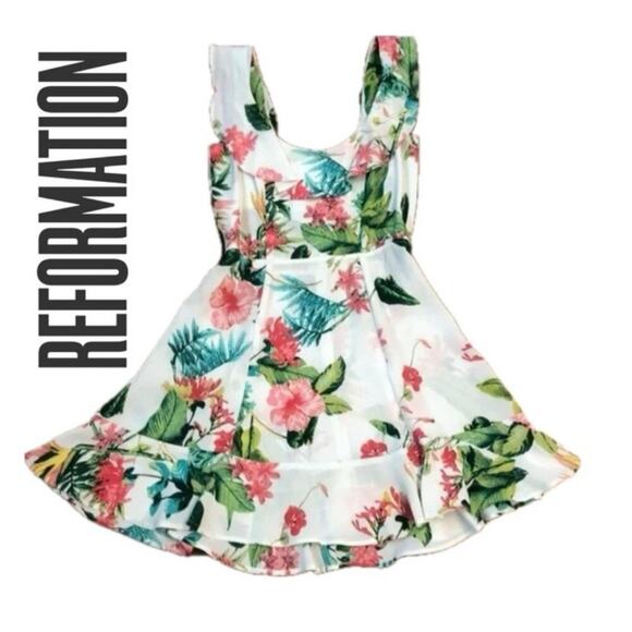 REFORMATION MINI DRESS PERLA RUFFLE SCOOP NECK TROPICAL FLORAL Sz 4 AESTHETIC - Picture 1 of 16